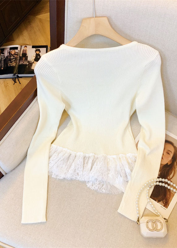 Fitted Apricot V Neck Lace Patchwork Knit Sweaters Fall QI032 OL-NTP241005