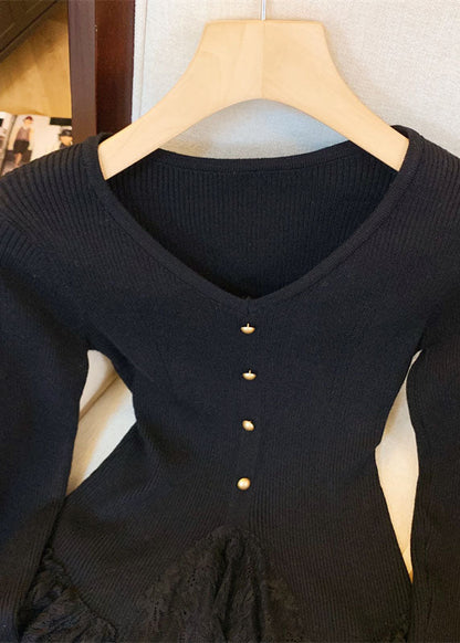 Fitted Apricot V Neck Lace Patchwork Knit Sweaters Fall QI032 OL-NTP241005