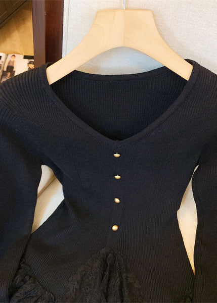 Fitted Apricot V Neck Lace Patchwork Knit Sweaters Fall QI032 OL-NTP241005