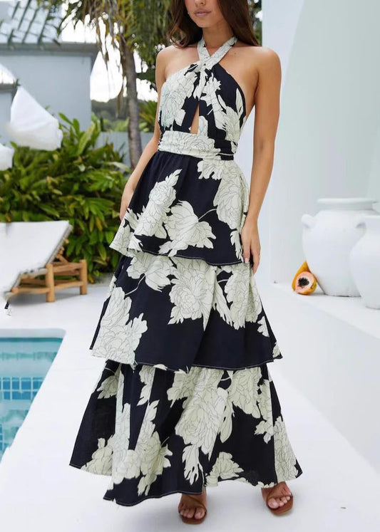 Dresses Backless Black Fitted Vacation Print Summer FashionChic