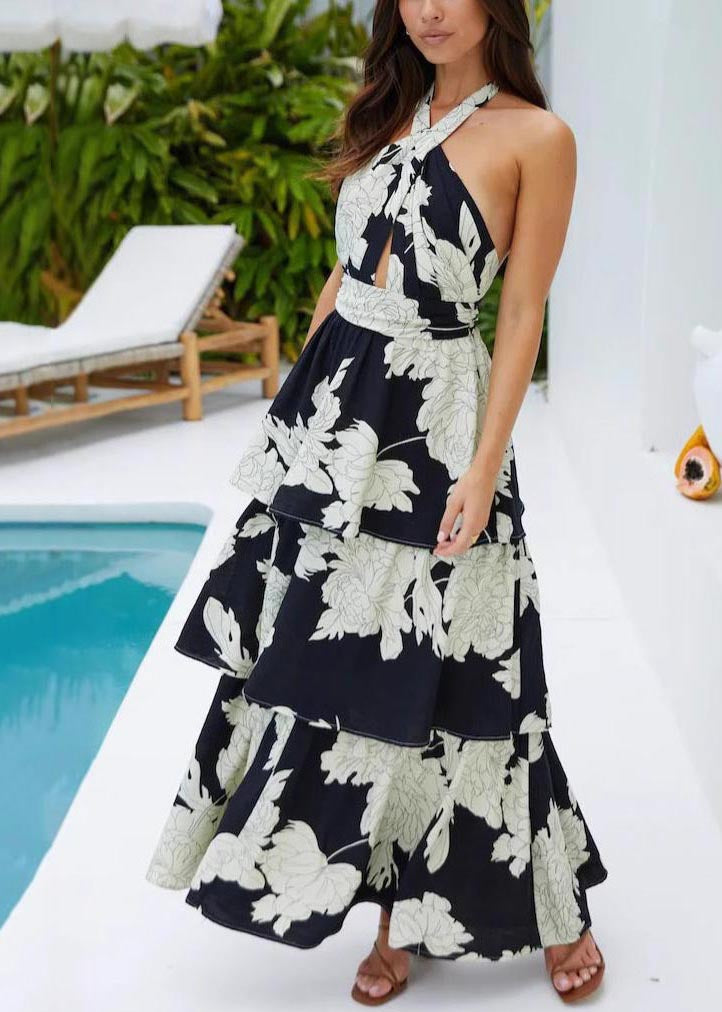 Dresses Backless Black Fitted Vacation Print Summer FashionChic