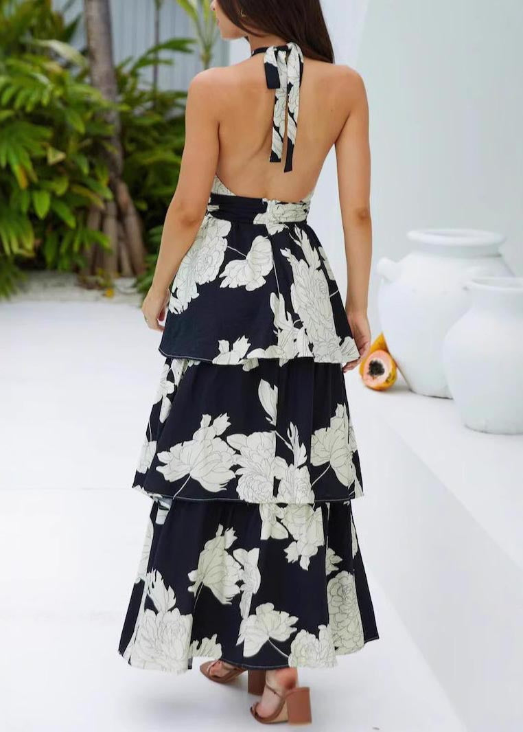 Dresses Backless Black Fitted Vacation Print Summer FashionChic