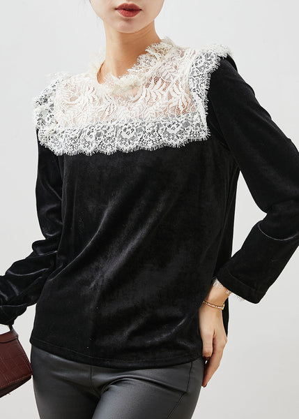 Fitted Black Lace Patchwork Silm Fit Velour Blouses Spring YU1057 Ada Fashion