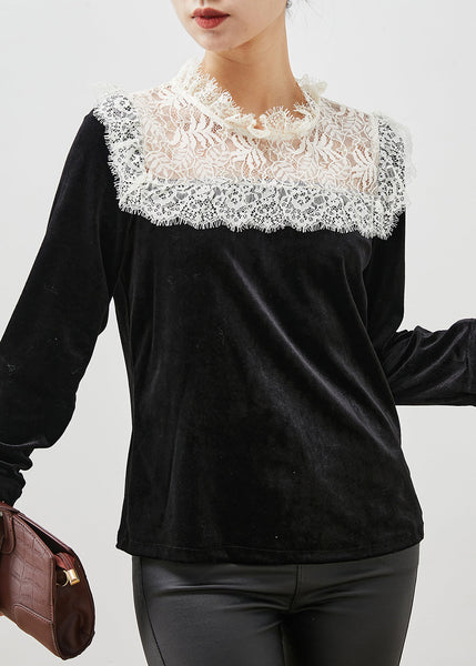 Fitted Black Lace Patchwork Silm Fit Velour Blouses Spring YU1057 Ada Fashion