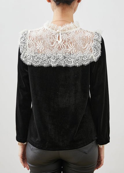 Fitted Black Lace Patchwork Silm Fit Velour Blouses Spring YU1057 Ada Fashion