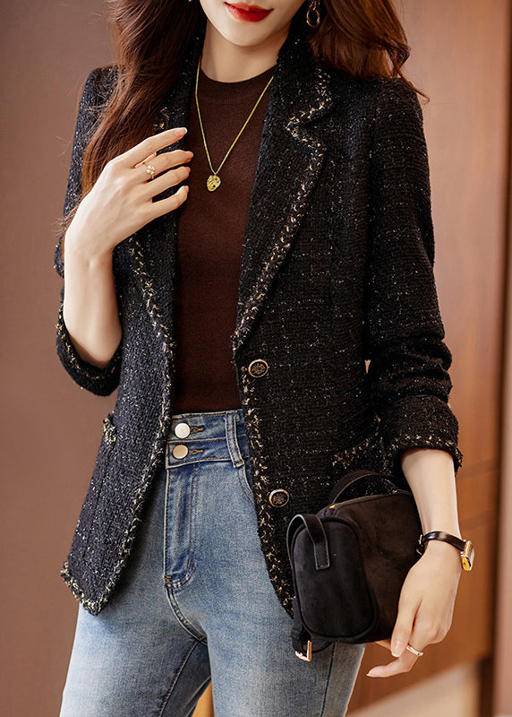 Fitted Black Notched Patchwork Woolen Coats Spring YJ050 ABC