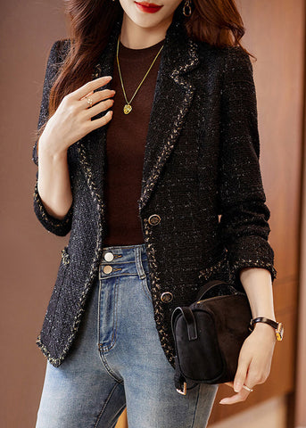 Fitted Black Notched Patchwork Woolen Coats Spring YJ050 ABC