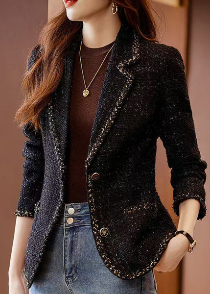 Fitted Black Notched Patchwork Woolen Coats Spring YJ050 ABC