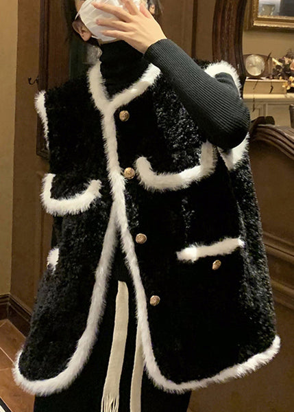 Fitted Black O-Neck Pockets Patchwork Faux Fur Vest Sleeveless WN022 ABC