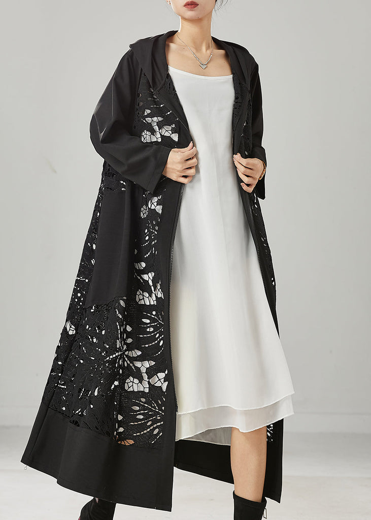 Fitted Black Oversized Patchwork Hollow Out Cotton Trench Spring YU1035 Ada Fashion