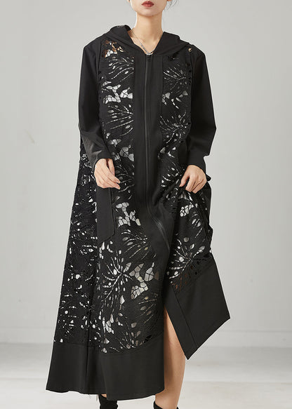 Fitted Black Oversized Patchwork Hollow Out Cotton Trench Spring YU1035 Ada Fashion
