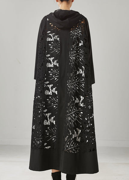 Fitted Black Oversized Patchwork Hollow Out Cotton Trench Spring YU1035 Ada Fashion