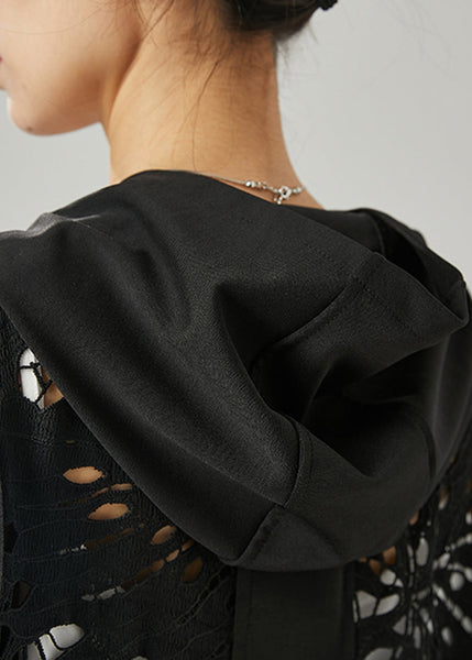 Fitted Black Oversized Patchwork Hollow Out Cotton Trench Spring YU1035 Ada Fashion