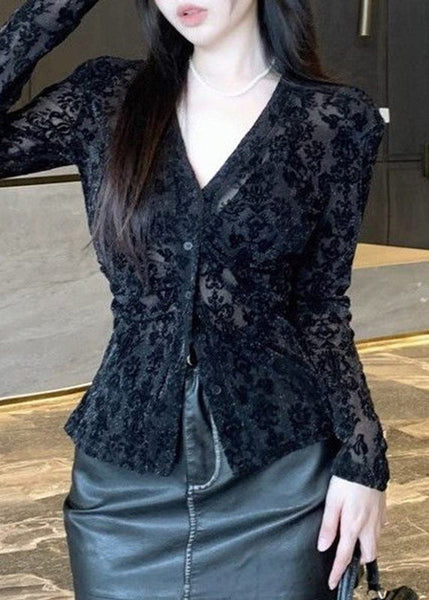 Flocking Top Fitted Spring V Neck Black Lace FashionChic