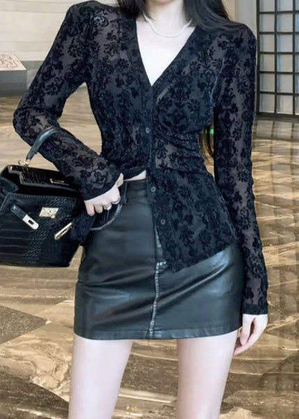 Flocking Top Fitted Spring V Neck Black Lace FashionChic