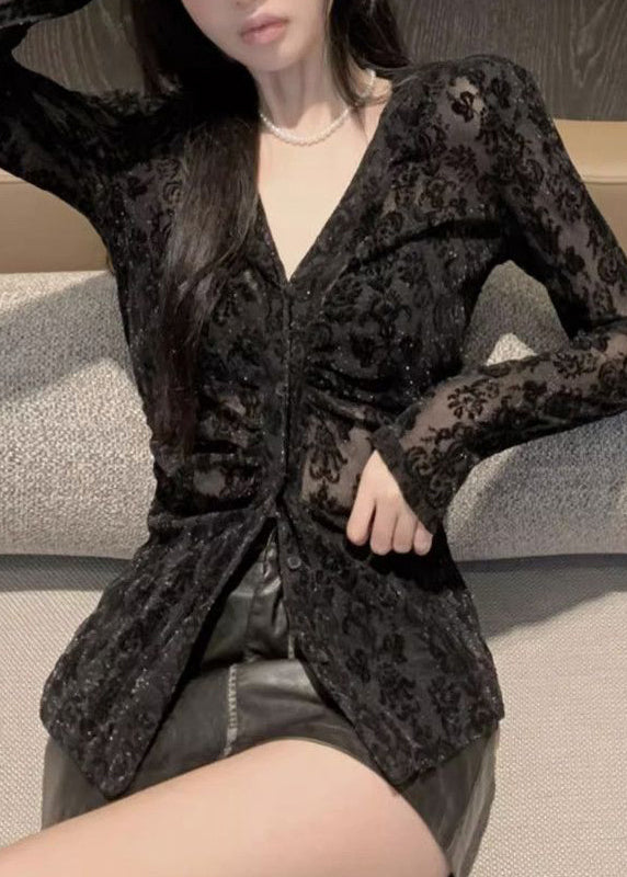 Flocking Top Fitted Spring V Neck Black Lace FashionChic
