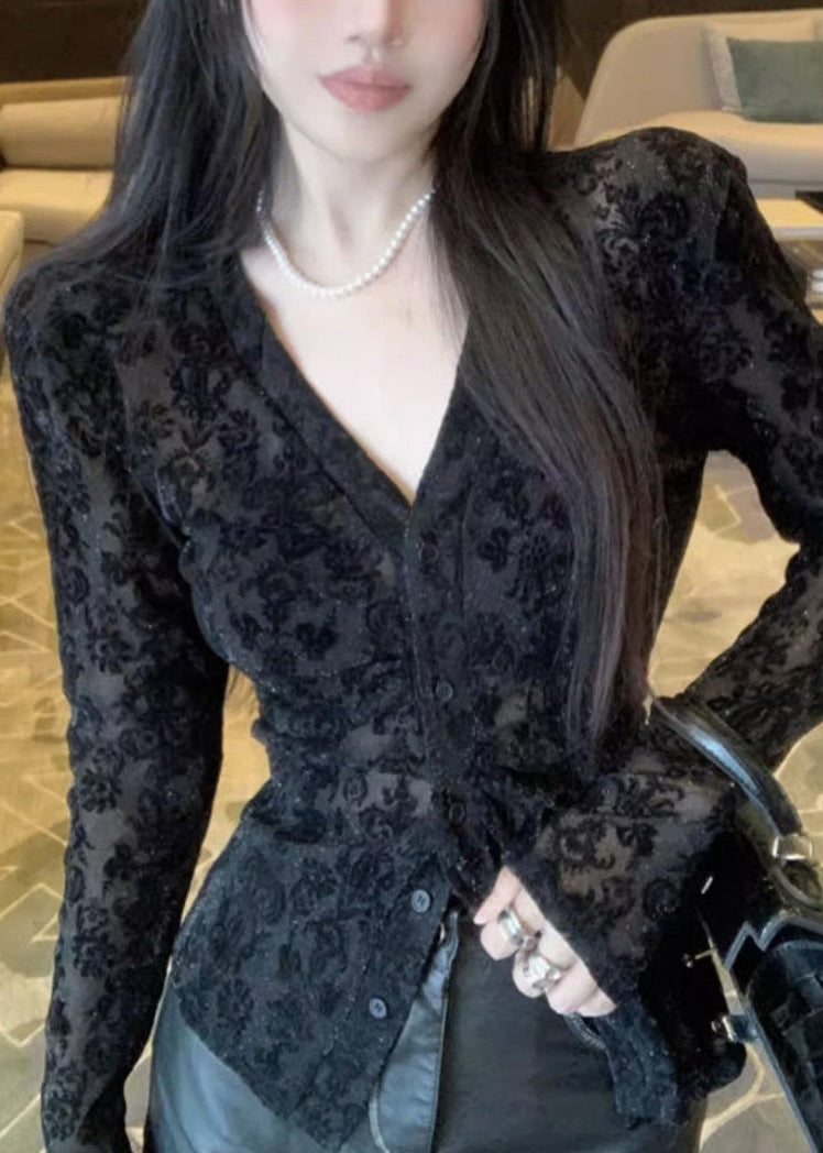 Flocking Top Fitted Spring V Neck Black Lace FashionChic