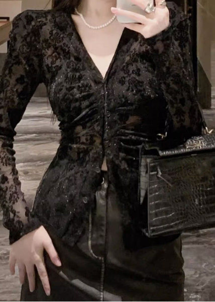 Flocking Top Fitted Spring V Neck Black Lace FashionChic