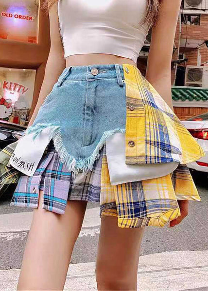 Blue Denim Skirts Summer Patchwork Fitted Asymmetrical FashionChic
