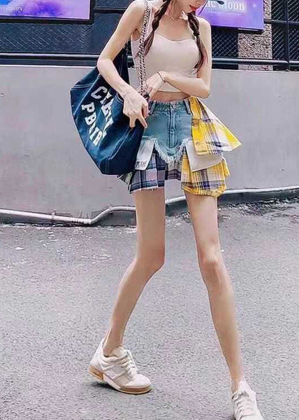 Blue Denim Skirts Summer Patchwork Fitted Asymmetrical FashionChic