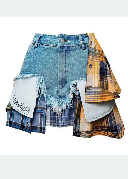 Blue Denim Skirts Summer Patchwork Fitted Asymmetrical FashionChic