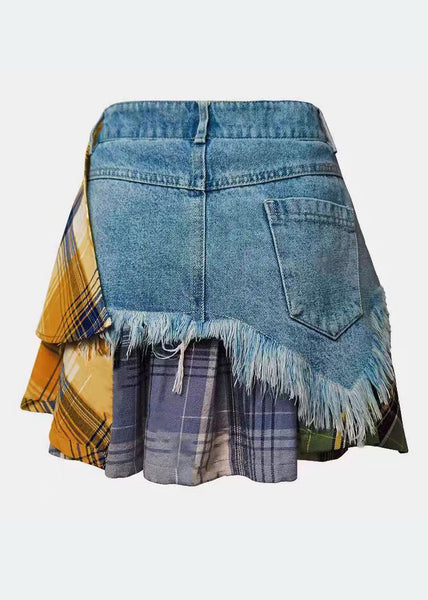 Blue Denim Skirts Summer Patchwork Fitted Asymmetrical FashionChic