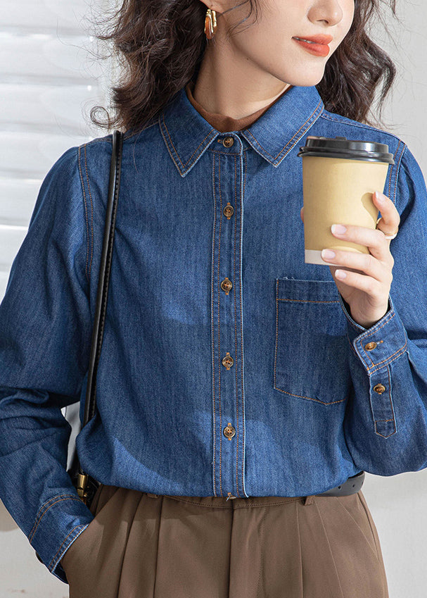 Fitted Blue Peter Pan Collar Button Denim Shirt Spring TH035