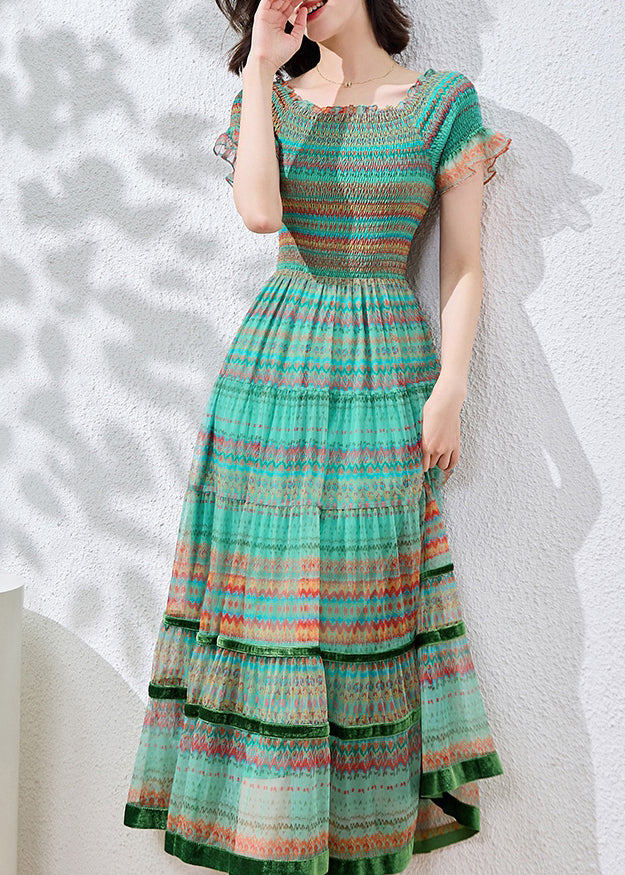 Blue Patchwork Dresses Cotton Summer Fitted Ruffled Print FashionChic