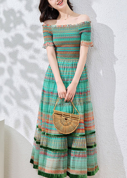 Blue Patchwork Dresses Cotton Summer Fitted Ruffled Print FashionChic