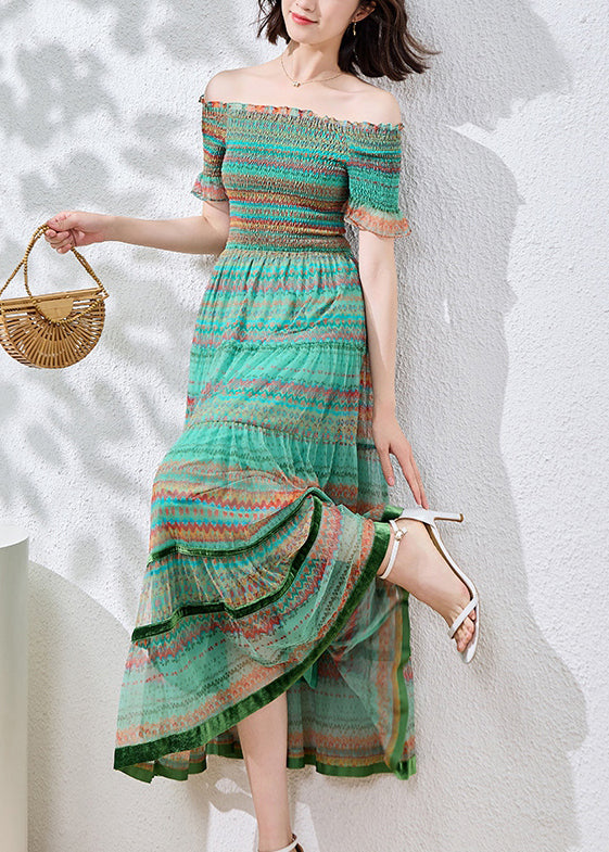 Blue Patchwork Dresses Cotton Summer Fitted Ruffled Print FashionChic