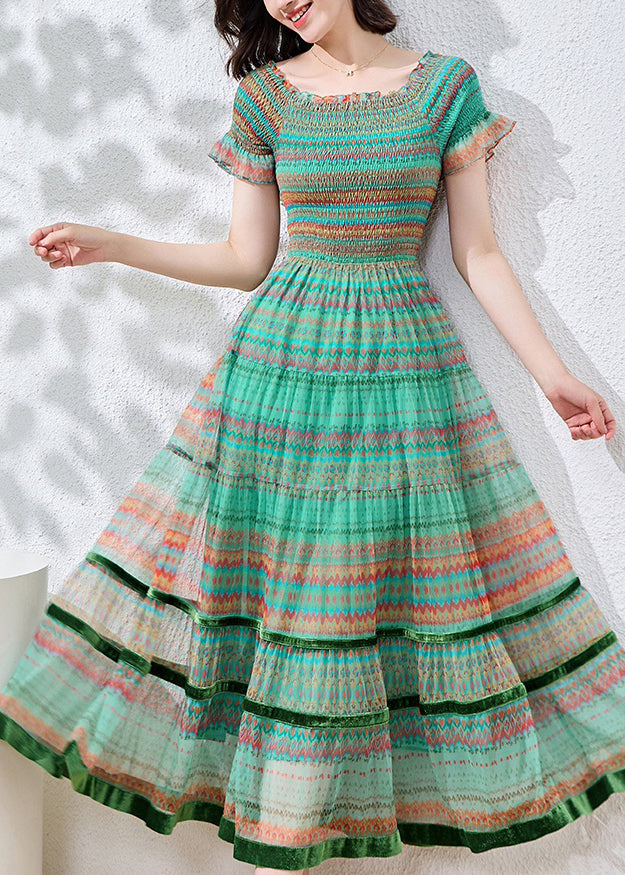 Blue Patchwork Dresses Cotton Summer Fitted Ruffled Print FashionChic