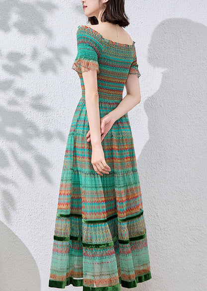 Blue Patchwork Dresses Cotton Summer Fitted Ruffled Print FashionChic