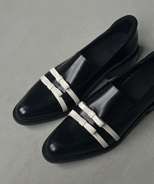 Splicing Toe Pointed Fitted Bow Leather Chunky Black Cowhide FashionChic