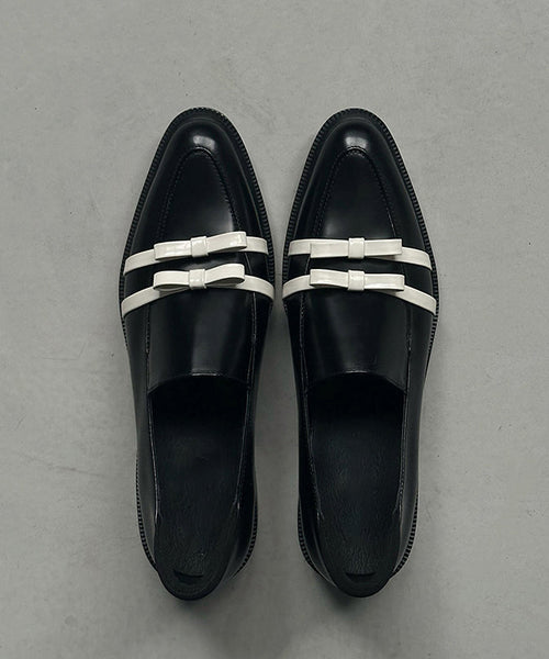 Splicing Toe Pointed Fitted Bow Leather Chunky Black Cowhide FashionChic