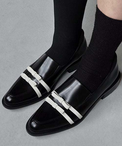 Splicing Toe Pointed Fitted Bow Leather Chunky Black Cowhide FashionChic