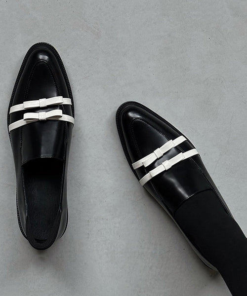 Splicing Toe Pointed Fitted Bow Leather Chunky Black Cowhide FashionChic