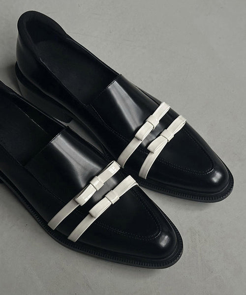 Splicing Toe Pointed Fitted Bow Leather Chunky Black Cowhide FashionChic
