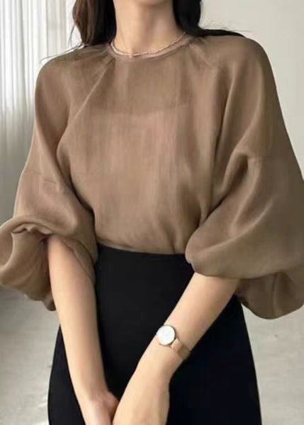 Fall Fitted Oversized UPF Brown 50+Shirts Chiffon FashionChic
