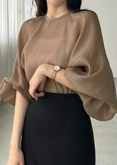 Fall Fitted Oversized UPF Brown 50+Shirts Chiffon FashionChic