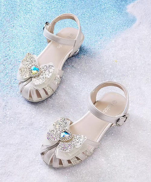 Silver Fitted Leather Girls Buckle Sandals Strap Kids Zircon Faux FashionChic