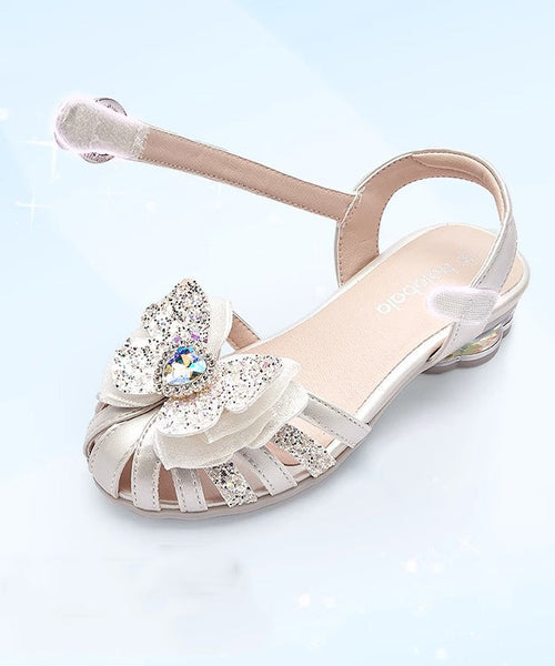 Silver Fitted Leather Girls Buckle Sandals Strap Kids Zircon Faux FashionChic