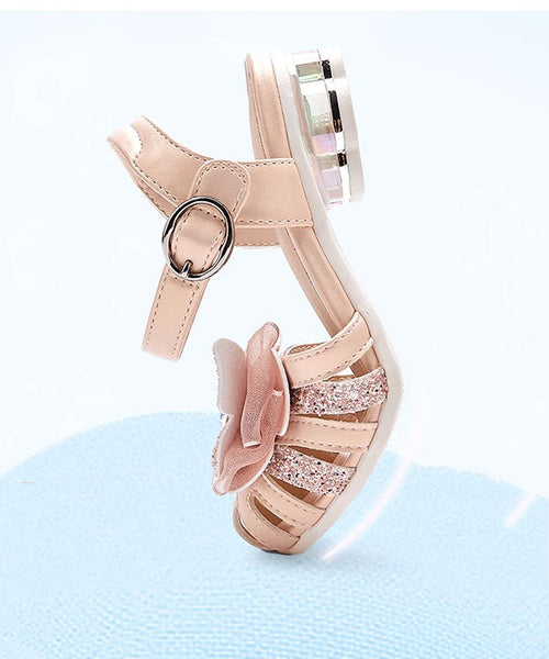 Silver Fitted Leather Girls Buckle Sandals Strap Kids Zircon Faux FashionChic