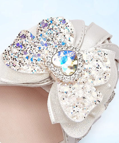 Silver Fitted Leather Girls Buckle Sandals Strap Kids Zircon Faux FashionChic