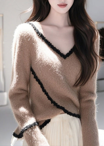 Fitted Coffee V Neck Lace Patchwork Knit Pullover Spring TO010