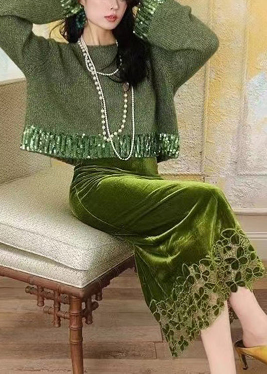 Fitted Green Knit Sweaters And Velour Skirts Two Piece Suit Set Fall WP035 NZ-TPIEC241107