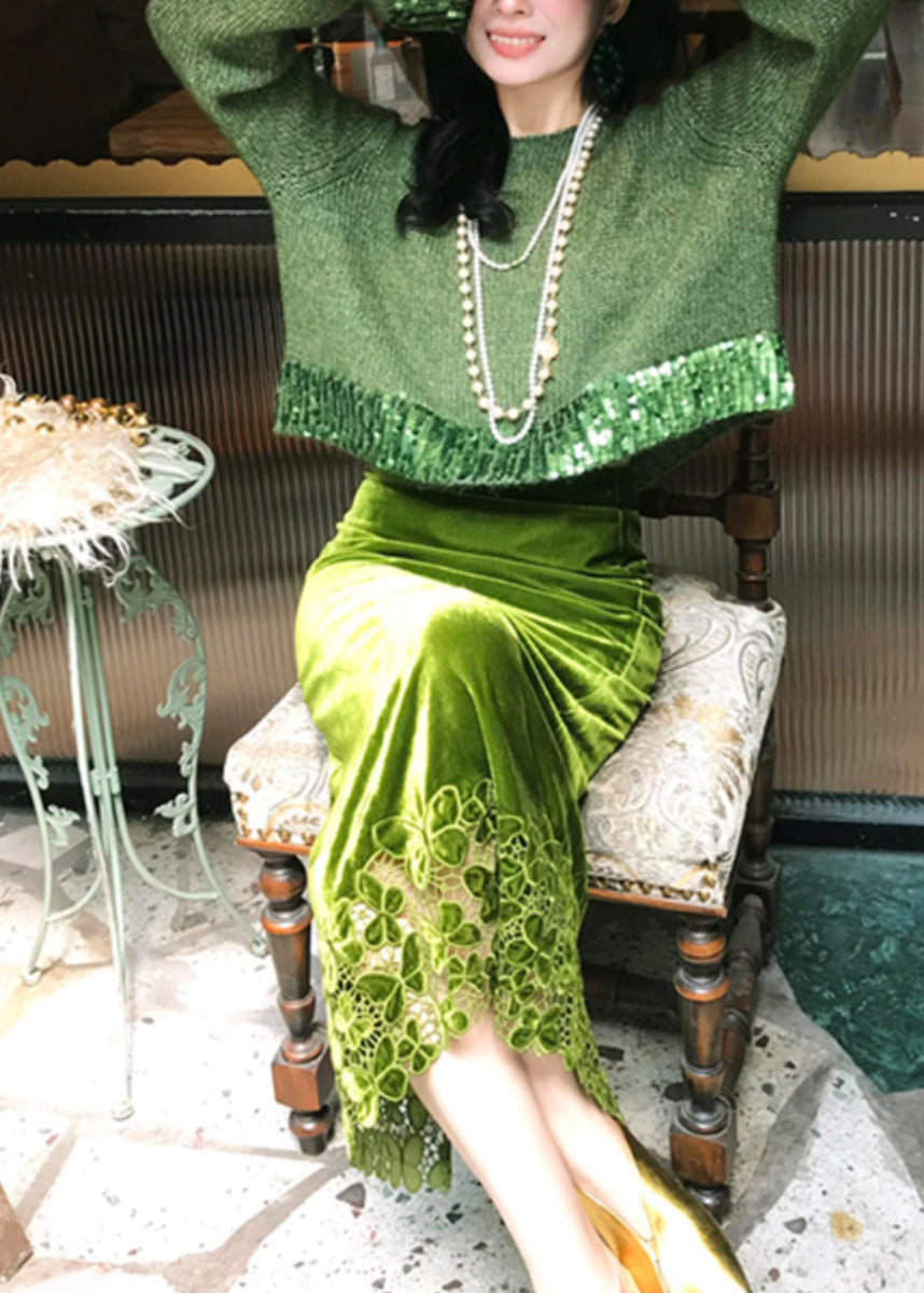 Fitted Green Knit Sweaters And Velour Skirts Two Piece Suit Set Fall WP035 NZ-TPIEC241107