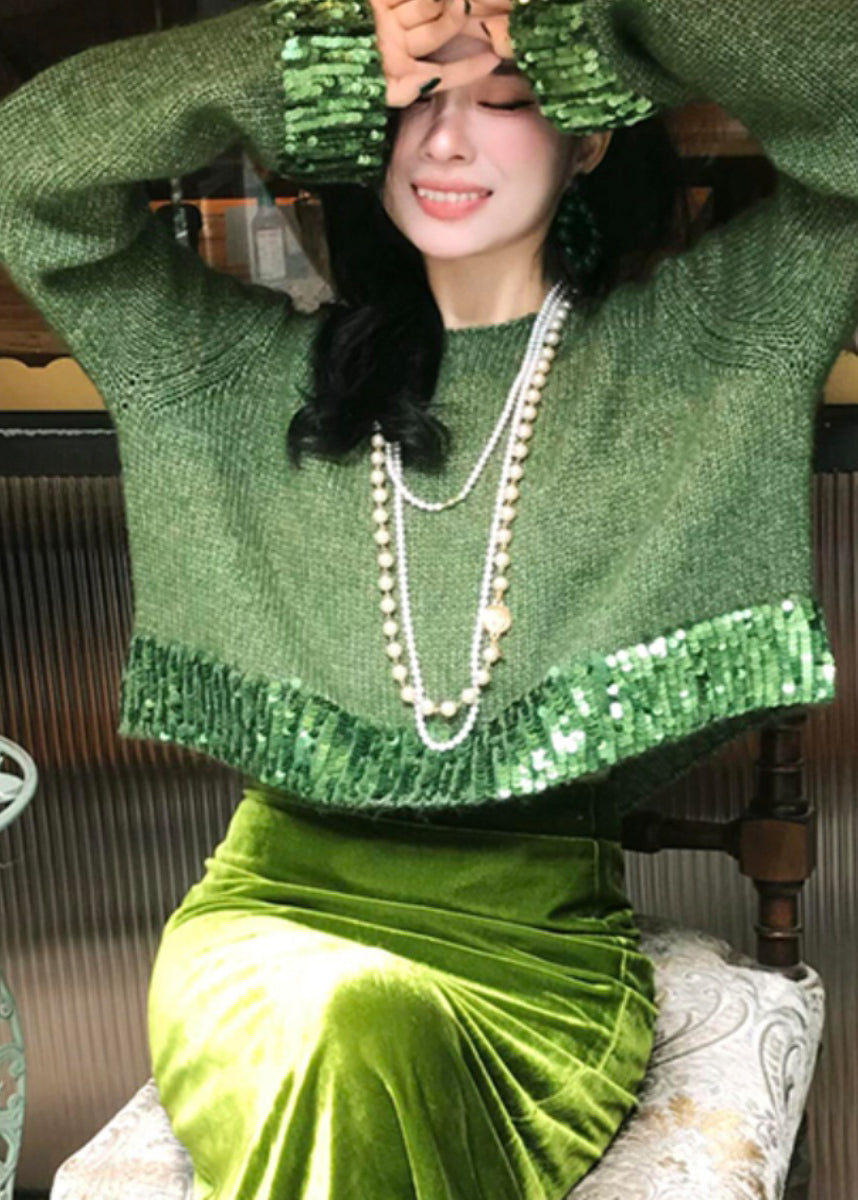 Fitted Green Knit Sweaters And Velour Skirts Two Piece Suit Set Fall WP035 NZ-TPIEC241107