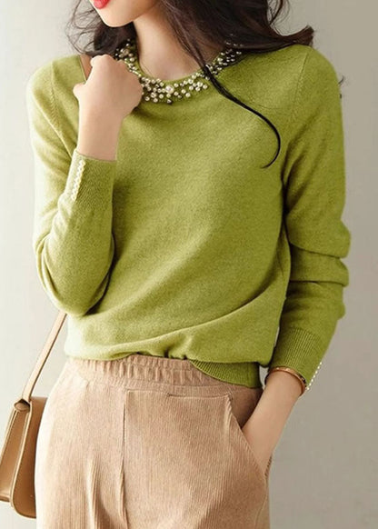 Fitted Green O Neck Nail Bead Cashmere Knit Shirts Spring TZ034