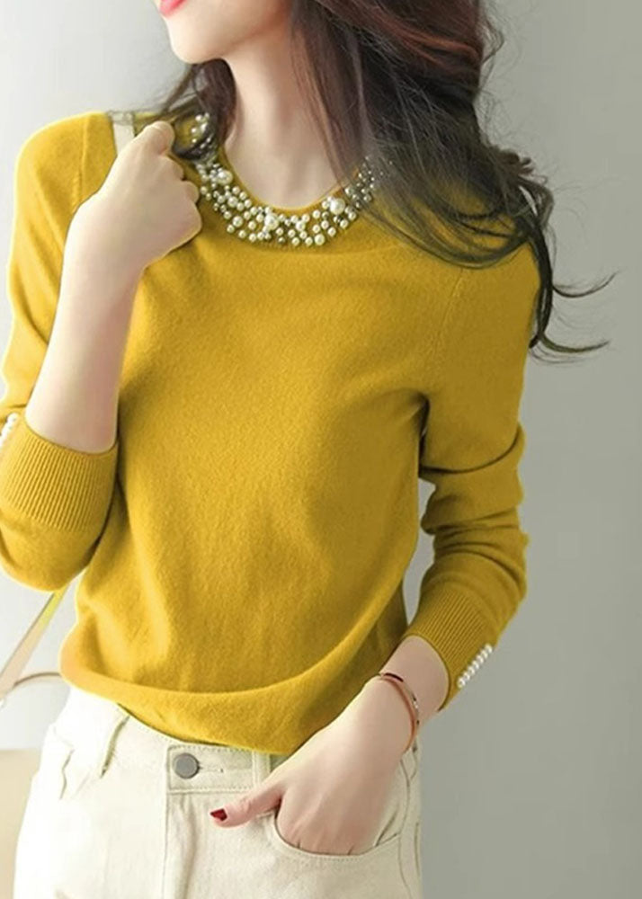 Fitted Green O Neck Nail Bead Cashmere Knit Shirts Spring TZ034