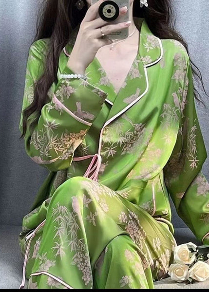 Fitted Green Peter Pan Collar Print Ice Silk Two Pieces Set Spring XS1026 Ada Fashion